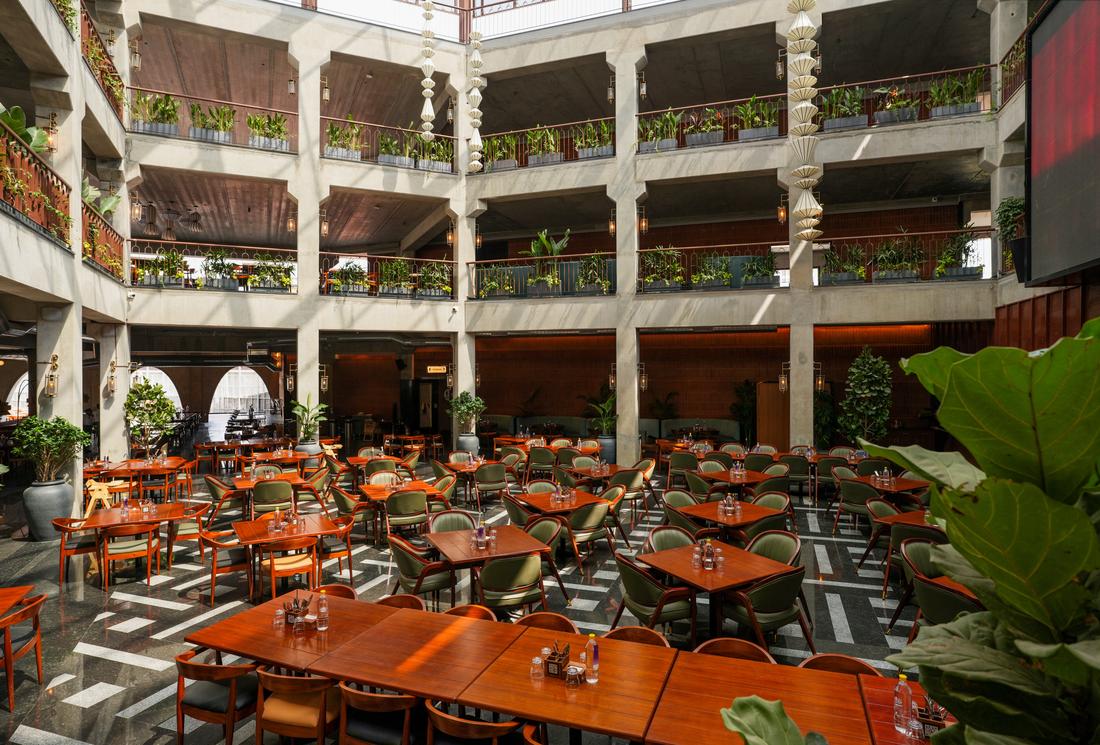 The grand atrium at Legacy Brewing Company set for a corporate gathering